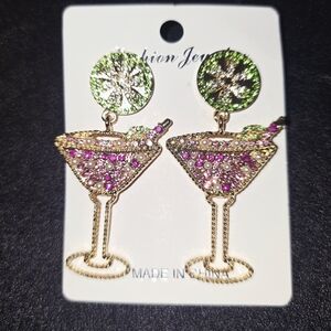 Fashion Jewelry Martini Earrings - Gold and Green